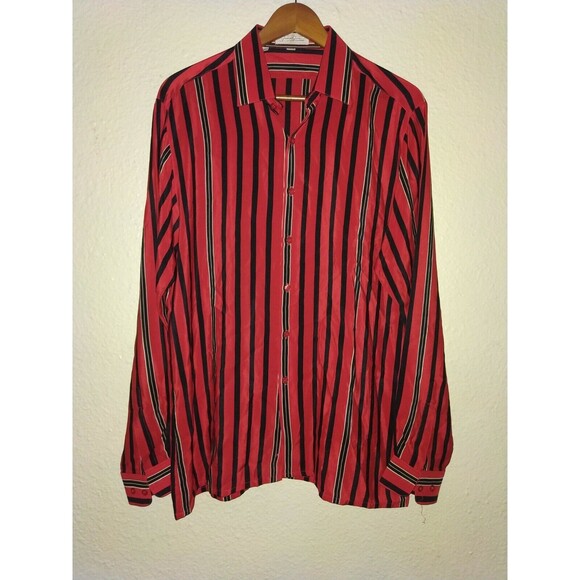 Vintage 90s Pure Silk Shirt Georgio Genelli Red Black Men's L Large Striped